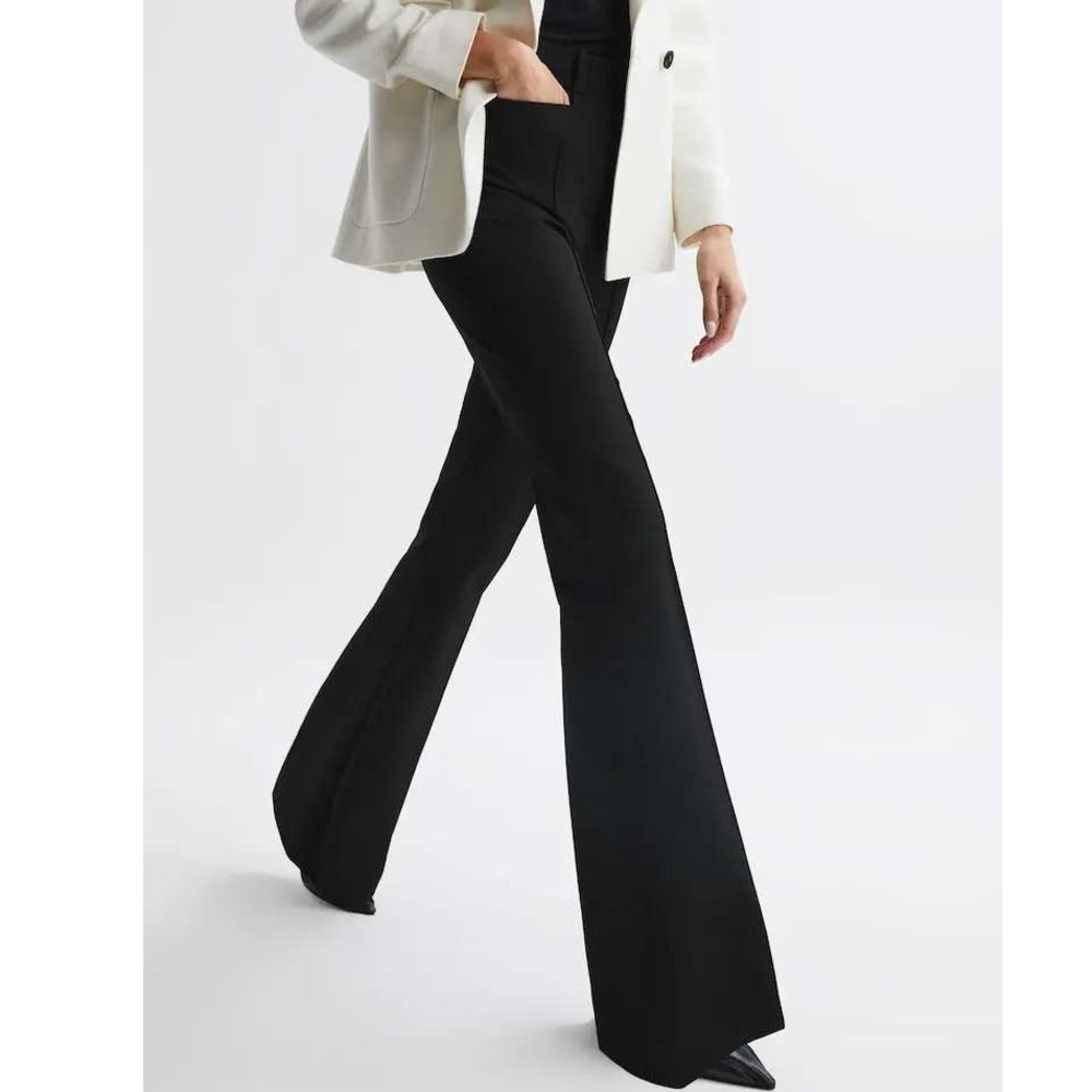 Reiss Dylan Flare Trouser Women Size 12 Black High Rise Pintuck Tailored Pants